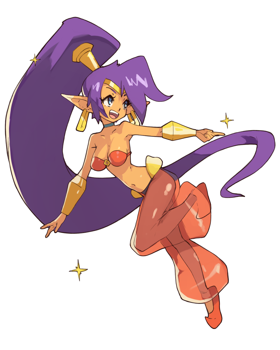 1girl :d blue_eyes bra bracer choker commentary earrings english_commentary full_body green_choker harem_pants high_ponytail highres hoop_earrings jewelry long_hair navel open_mouth pants pointy_ears pointy_footwear ponytail purple_hair red_bra red_footwear shantae_(character) shantae_(series) simple_background smile solo sparkle underwear very_long_hair vins-mousseux white_background