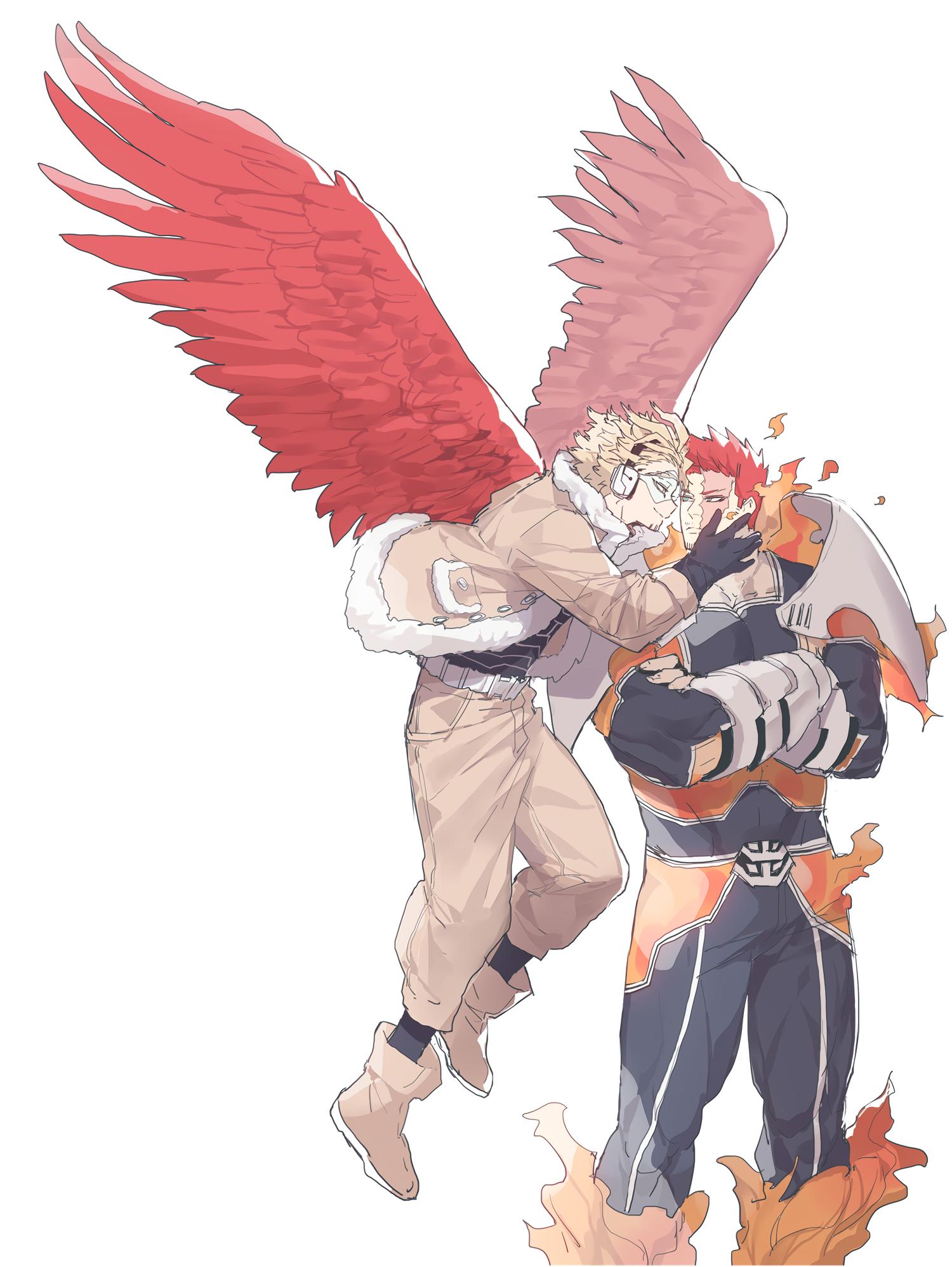 2boys beard blonde_hair blue_eyes bodysuit boku_no_hero_academia crossed_arms deavor_lover facial_hair feathered_wings feathers flying hand_on_another's_face hawks_(boku_no_hero_academia) highres looking_at_another male_focus multiple_boys muscle red_eyes shoes spiky_hair thighs todoroki_enji upper_body white_background wings yellow_eyes