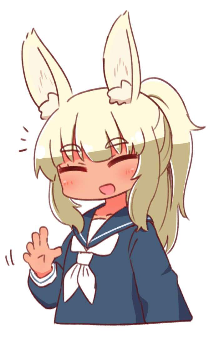 1girl :d ^_^ animal_ear_fluff animal_ears bangs blonde_hair blue_sailor_collar blue_shirt blush closed_eyes collarbone cropped_torso eyebrows_visible_through_hair facing_viewer hand_up long_hair long_sleeves masurao_(sekaiju) naga_u neckerchief open_mouth ponytail rabbit_ears sailor_collar school_uniform sekaiju_no_meikyuu sekaiju_no_meikyuu_5 serafuku shirt sidelocks smile solo thick_eyebrows upper_body white_neckwear