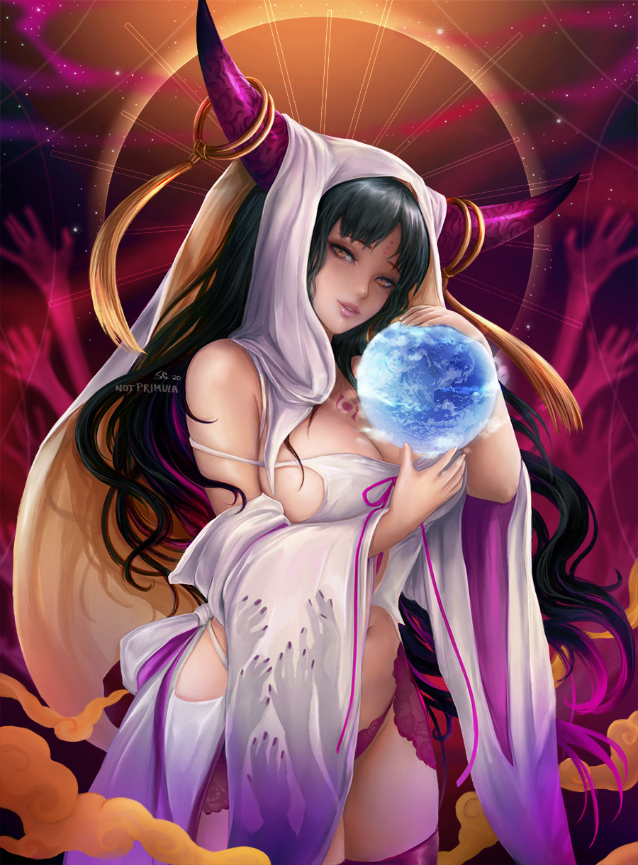 1girl artist_name bare_shoulders breasts brown_hair chest_tattoo clouds earth facial_mark fate/extra fate/extra_ccc fate/grand_order fate_(series) floating floating_object forehead_mark globe highres horn_ornament horn_ring horns large_breasts looking_at_viewer notprimula ocean pink_legwear revealing_clothes sesshouin_kiara signature sky solo tattoo thighs veil wavy_hair yellow_eyes