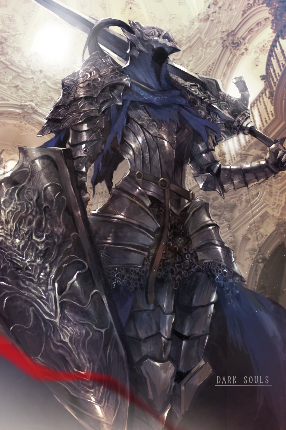 1boy armor artorias_the_abysswalker blue_capelet capelet commentary_request copyright_name dark_souls faulds feet_out_of_frame gauntlets greatsword greaves helmet highres holding holding_weapon hood knee_pads knight leg_armor male_focus mono_(jdaj) over_shoulder pauldrons plume shield shoulder_armor solo souls_(from_software) sunlight sword weapon