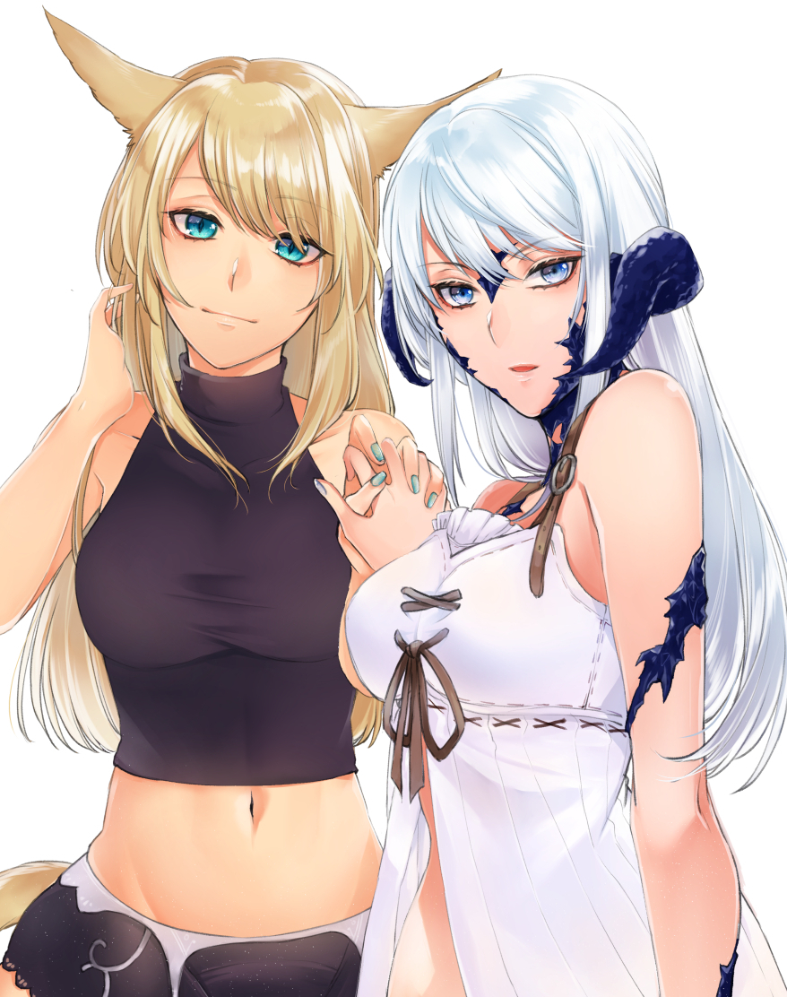 2girls animal_ears aqua_nails au_ra bangs bare_arms bare_shoulders blonde_hair blue_eyes breasts cat_ears cat_girl cat_tail closed_mouth dragon_girl dragon_horns eyebrows_visible_through_hair final_fantasy final_fantasy_xiv fingernails groin holding_hands horns interlocked_fingers looking_at_viewer medium_breasts miqo'te multiple_girls nail_polish nanase_kokono navel open_mouth purple_nails scales simple_background sleeveless slit_pupils straight_hair swept_bangs tail white_background white_hair