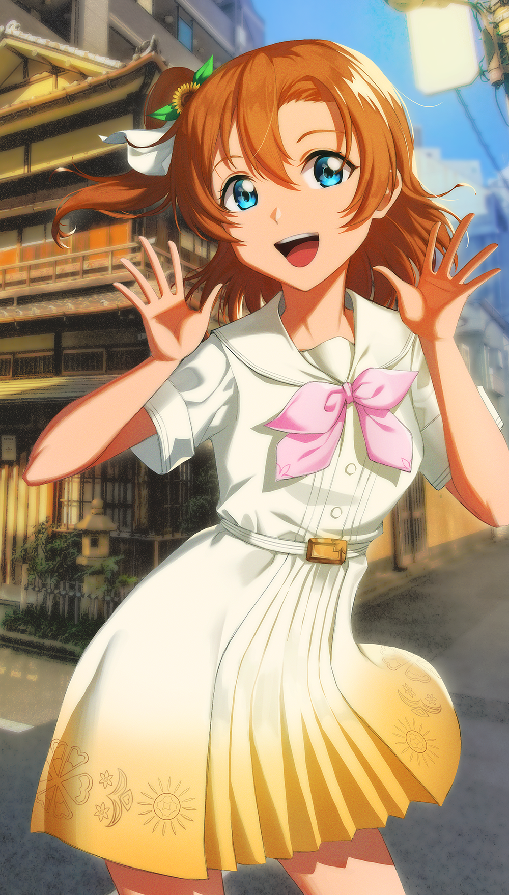 1girl a_song_for_you!_you?_you! blue_eyes corsetman dress hands_up highres kousaka_honoka looking_at_viewer love_live! love_live!_school_idol_project medium_hair neckerchief one_side_up open_mouth orange_hair pink_neckwear short_dress smile solo white_dress