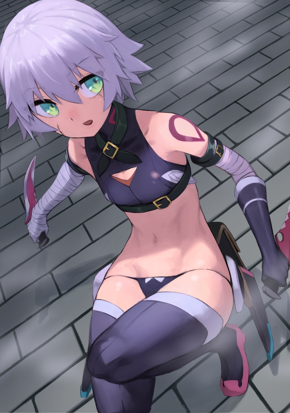 1girl bandaged_arm bandages bangs bare_shoulders black_gloves black_legwear black_panties blush breasts chorogon collarbone commentary_request cutout dagger eyebrows_visible_through_hair facial_scar fate/apocrypha fate_(series) gloves green_eyes highres holding holding_dagger holding_weapon jack_the_ripper_(fate/apocrypha) knee_up looking_to_the_side navel open_mouth panties pink_footwear scar scar_across_eye scar_on_cheek short_hair shoulder_tattoo silver_hair single_glove small_breasts solo stomach tattoo thigh-highs underwear weapon