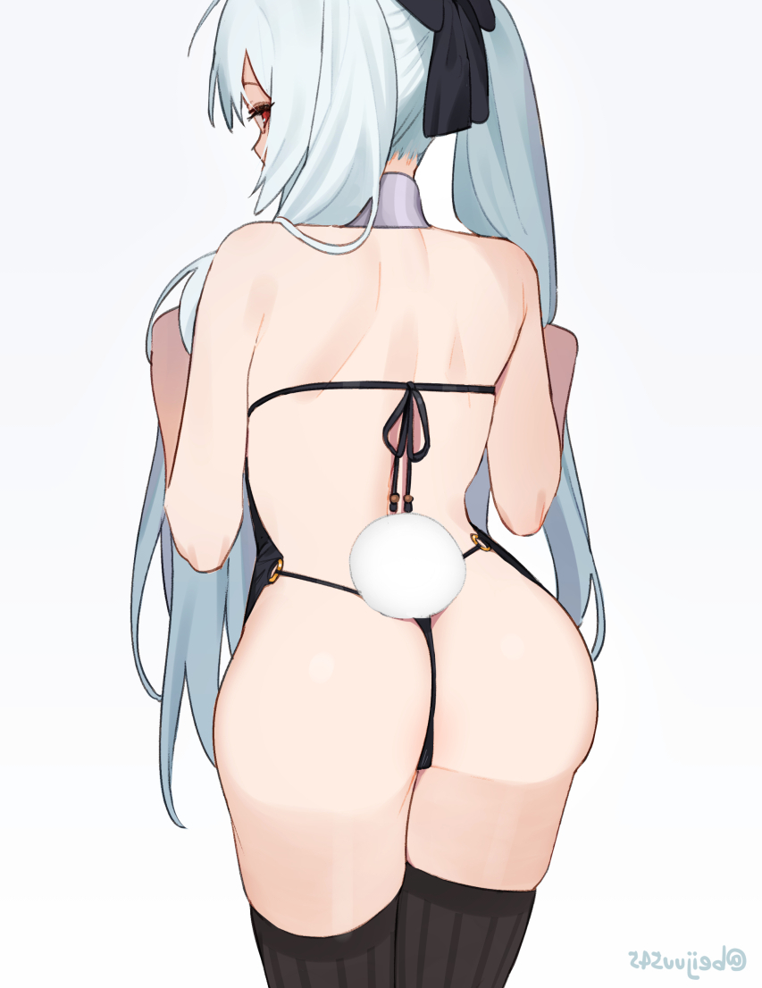 1girl ass backless_leotard black_legwear bunny_day bunny_tail cowboy_shot from_behind girls_frontline hair_between_eyes juz long_hair red_eyes silver_hair simple_background solo tail thigh-highs tokarev_(girls_frontline) twintails white_background