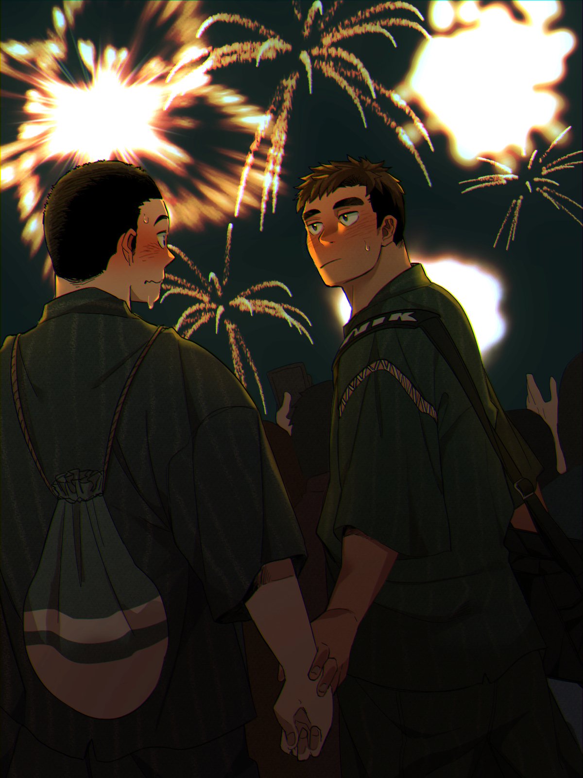 2boys :/ aerial_fireworks bag black_hair blush brown_hair dn_dn fireworks highres holding_hands imminent_hand_holding japanese_clothes kimono looking_at_another male_focus multiple_boys night original sky sweatdrop yaoi