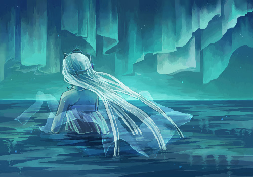 1girl aurora bare_shoulders blue_theme facing_away fantastic_children lowres naka_deiko night night_sky ocean outdoors sky solo tina_(fantastic_children) veil wading water white_hair