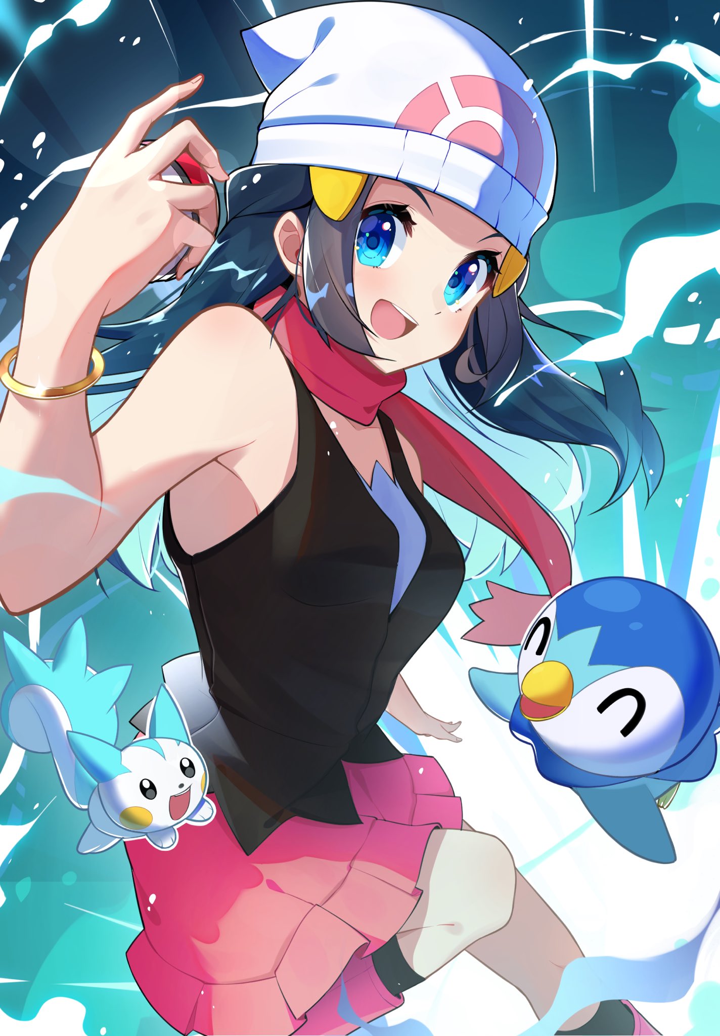 1girl ^_^ armpit_peek beanie blue_eyes blue_hair closed_eyes gen_4_pokemon hat highres hikari_(pokemon) holding holding_poke_ball looking_at_viewer miniskirt open_mouth pachirisu pink_skirt piplup poke_ball pokemon pokemon_(creature) pokemon_(game) pokemon_dppt red_scarf scarf skirt solo_focus takosuke0624 v-shaped_eyebrows white_headwear