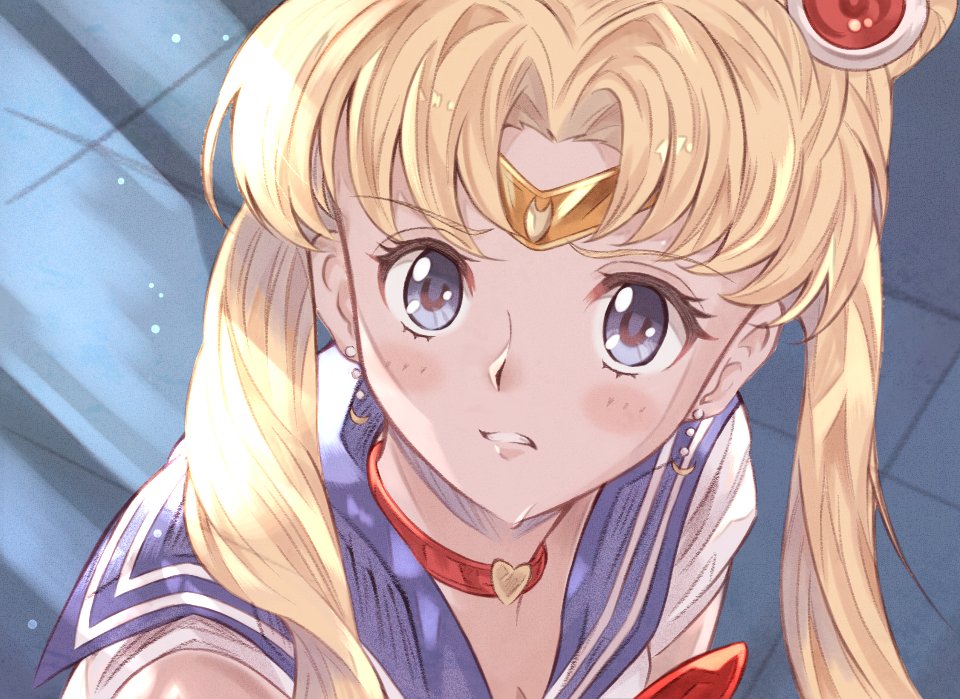 1girl arutoria_(187497382) bangs bishoujo_senshi_sailor_moon blonde_hair blue_eyes blue_sailor_collar choker circlet crescent crescent_earrings derivative_work diadem earrings eyebrows_visible_through_hair frown grimace hair_over_shoulder heart heart_choker jewelry long_hair looking_at_viewer meme parted_bangs red_choker sailor_collar sailor_moon sailor_moon_redraw_challenge sailor_senshi_uniform screencap_redraw solo tsukino_usagi twintails