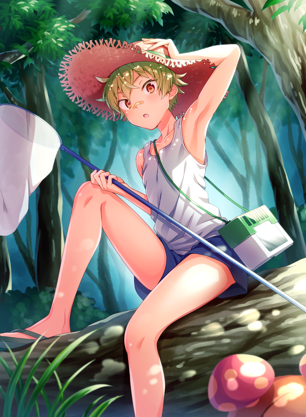 1boy :o arm_up armpits bangs blue_shorts bug_catcher_(pokemon) butterfly_net collarbone commentary_request eyebrows_visible_through_hair fallen_tree gen_1_pokemon green_hair grey_tank_top hand_net hand_on_headwear hat highres holding_butterfly_net light_beam paras pink_headwear pokemon pokemon_(creature) red_eyes sandals shorts sitting solo straw_hat tank_top tree yaegorou