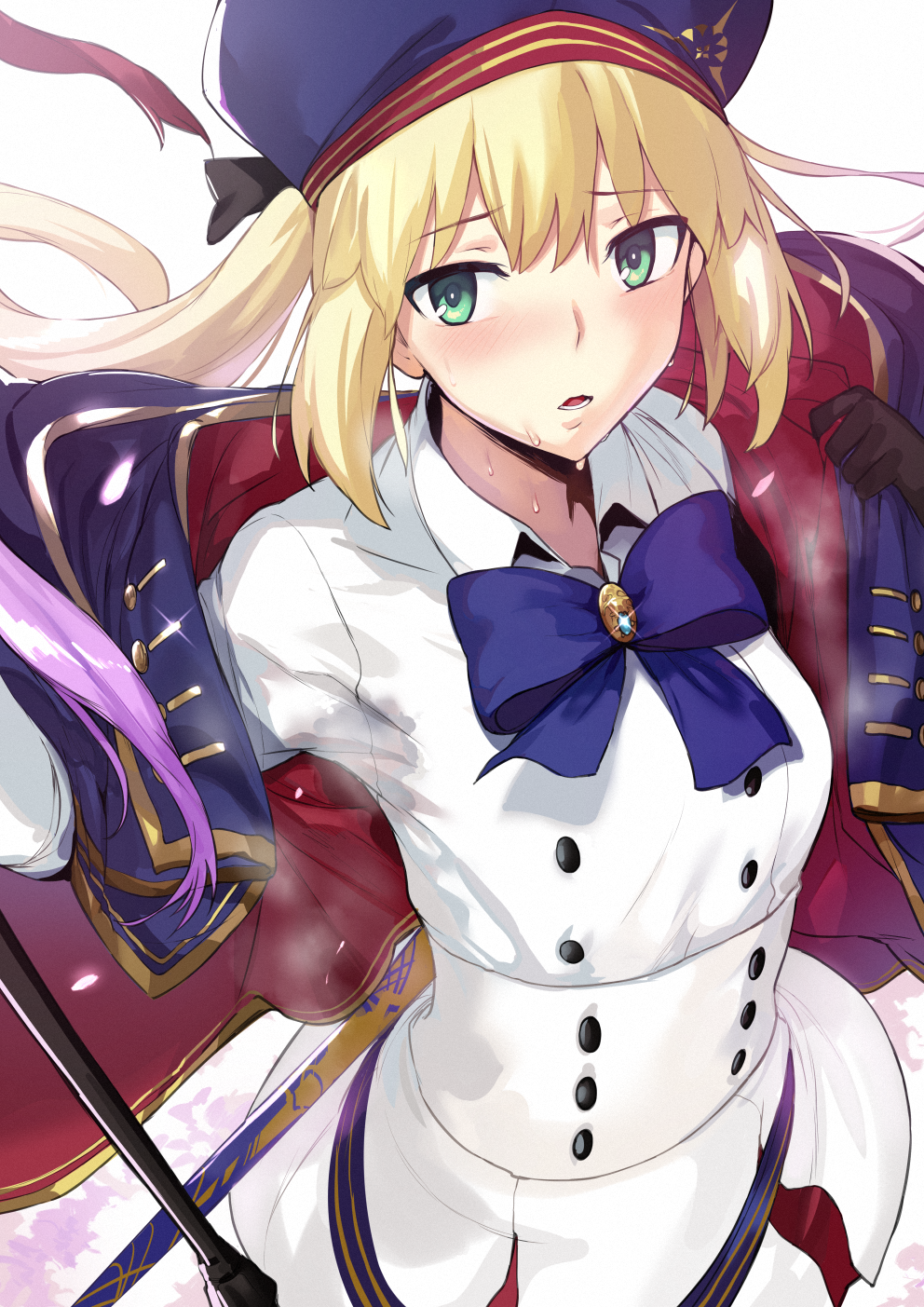 1girl artoria_pendragon_(all) artoria_pendragon_(caster) bangs blonde_hair blush bow bowtie breasts capelet commentary dress eyebrows_visible_through_hair fate/grand_order fate_(series) gloves green_eyes hair_between_eyes hat hews_hack highres holding holding_staff long_hair long_sleeves looking_at_viewer open_mouth pantyhose simple_background solo staff sweat twintails white_background