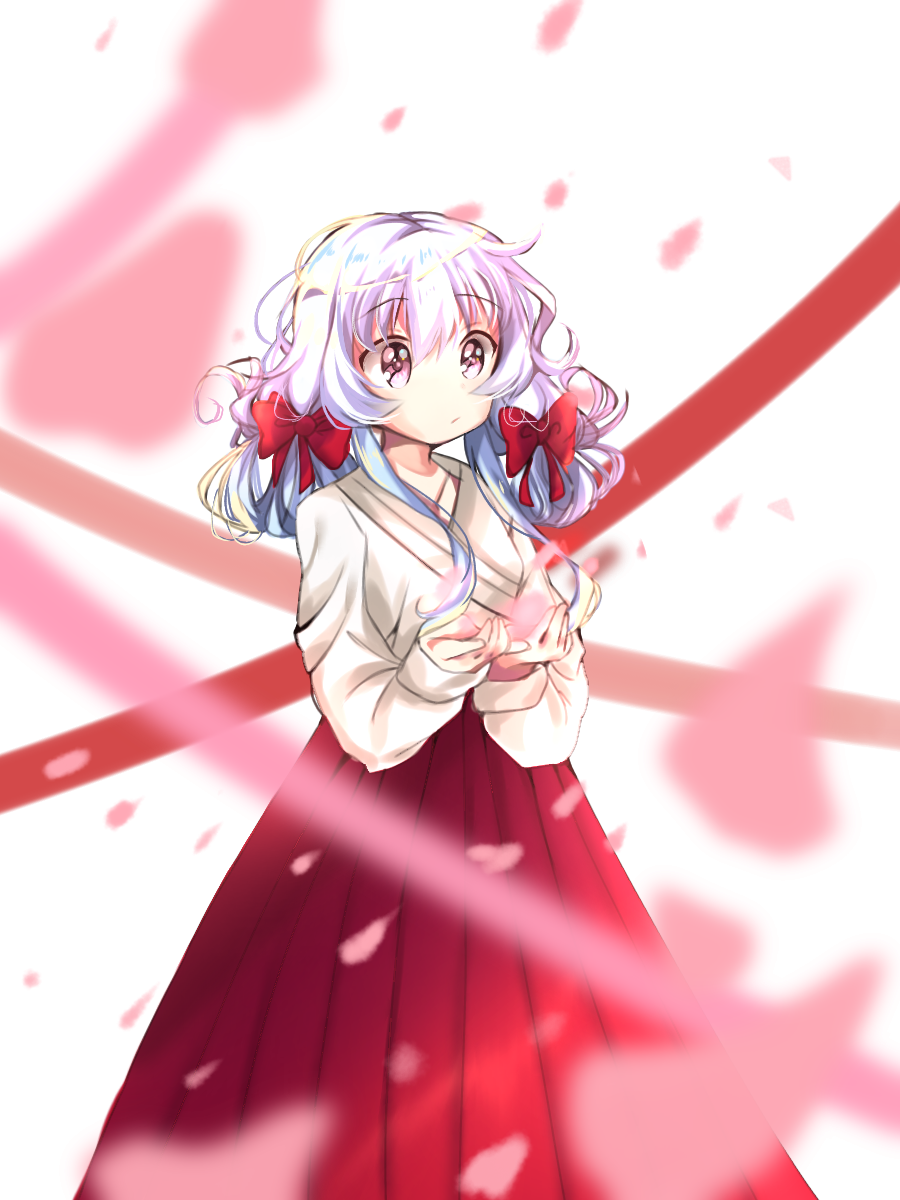 1girl :/ artist_name beyblade beyblade:_burst blue_hair breasts chankyone character_name cherry_blossoms collarbone dress flower hair_ribbon hands_together hands_up highres korean_clothes korean_text looking_up md5_mismatch nishiro_nya open_eyes petals red_dress ribbon shiny shiny_hair shirt short_twintails simple_background small_breasts solo twintails violet_eyes white_shirt