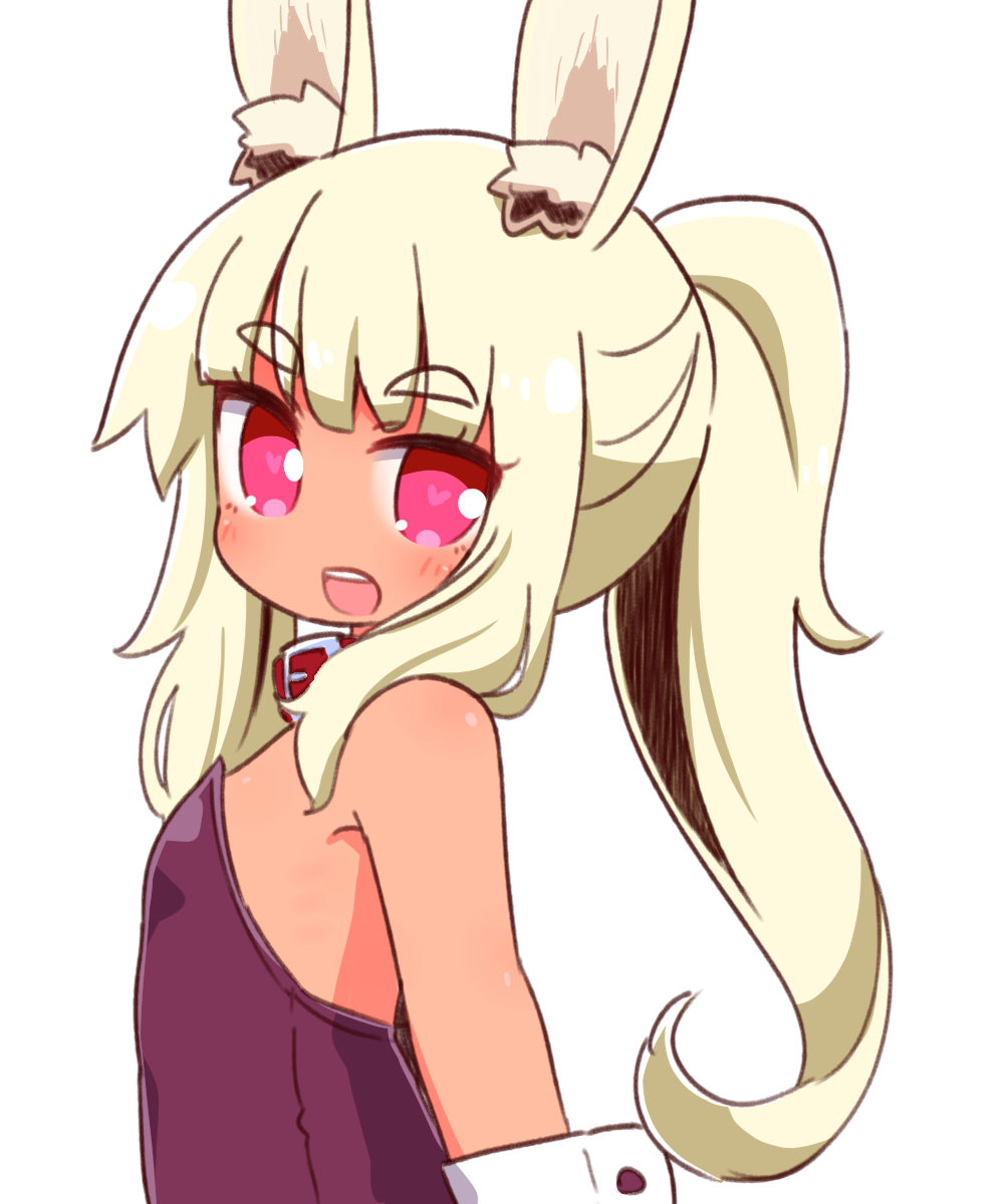 1girl :d animal_ear_fluff animal_ears bangs bare_shoulders blonde_hair blush bunnysuit collar eyebrows_visible_through_hair heart heart-shaped_pupils highres leotard long_hair looking_at_viewer looking_to_the_side masurao_(sekaiju) naga_u open_mouth pink_eyes ponytail purple_leotard rabbit_ears red_collar sekaiju_no_meikyuu sekaiju_no_meikyuu_5 sidelocks simple_background smile solo strapless strapless_leotard symbol-shaped_pupils tan thick_eyebrows upper_teeth white_background wrist_cuffs