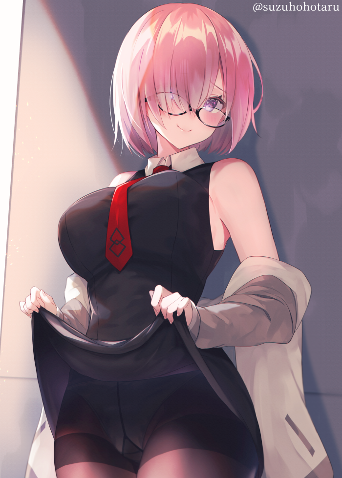 1girl bare_shoulders black_dress black_legwear blush breasts crotch_seam dress dress_lift fate/grand_order fate_(series) glasses hair_over_one_eye jacket large_breasts lavender_hair long_sleeves looking_at_viewer mash_kyrielight necktie off_shoulder open_clothes open_jacket panties panties_under_pantyhose pantyhose short_dress short_hair smile suzuho_hotaru thighband_pantyhose thighs underwear violet_eyes