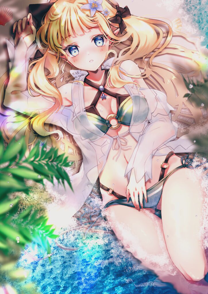 1girl bangs bikini black_bow blonde_hair blue_eyes blush bow breasts elf eyebrows_visible_through_hair flower hair_bow hair_flower hair_ornament large_breasts long_hair looking_at_viewer miruko_tete open_mouth pointy_ears ponytail princess_connect! princess_connect!_re:dive saren_(princess_connect!) solo swimsuit
