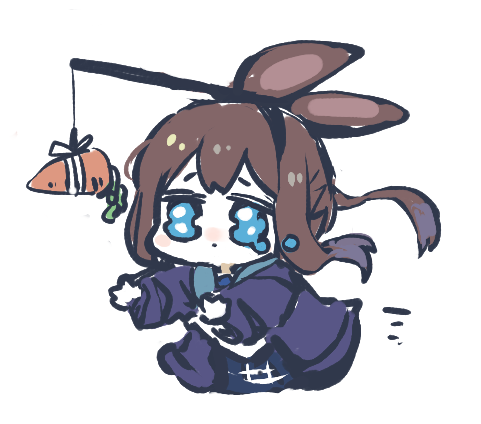 1girl amiya_(arknights) animal_ears arknights bangs black_jacket blue_eyes carrot carrot_on_stick chibi crying hair_between_eyes jacket long_hair lowres ponytail rabbit_ears simple_background stick sukima_(crie) upper_body white_background