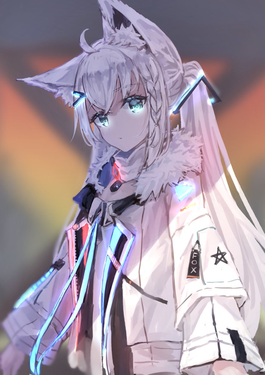 ahoge animal_ears bangs braid commentary_request detached_collar dog_tags eyebrows_visible_through_hair fox_ears fox_girl green_eyes hair_between_eyes hololive jacket long_hair long_sleeves looking_at_viewer open_clothes open_jacket shirakami_fubuki sidelocks single_braid twintails virtual_youtuber white_hair white_jacket yu_hydra
