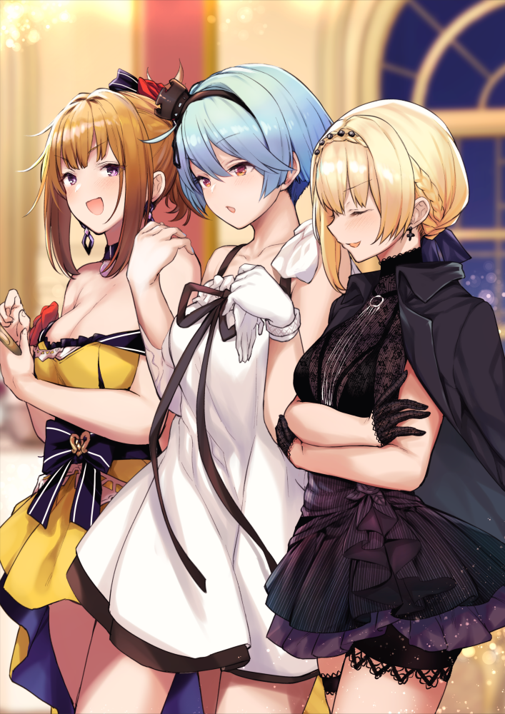 3girls alternate_costume bangs black_dress black_gloves blonde_hair blue_hair blurry blurry_background blush braid breasts brown_hair closed_mouth collarbone crossed_arms dress earrings eyebrows_visible_through_hair girls_frontline gloves grizzly_mkv_(girls_frontline) hair_ornament hairband holding holding_clothes holding_gloves indoors jewelry large_breasts leg_garter looking_at_viewer medium_breasts multiple_girls off-shoulder_dress off_shoulder orange_eyes short_hair single_glove tobimura violet_eyes welrod_mk2_(girls_frontline) white_dress white_gloves yellow_dress zas_m21_(girls_frontline)