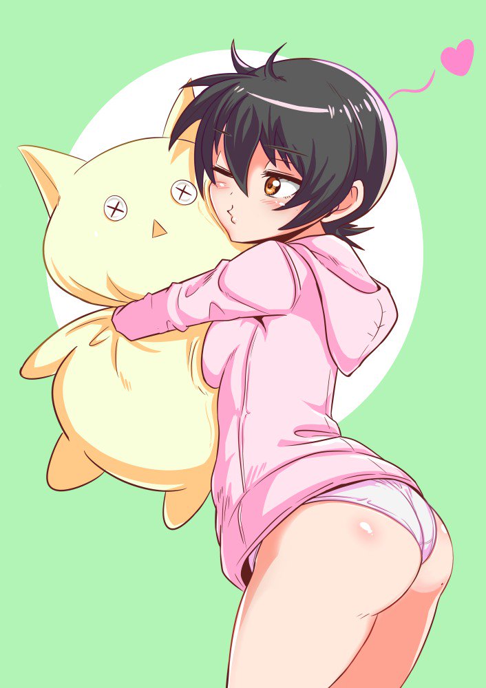 1girl ass black_hair blush breasts cougar1404 hood hooded_jacket jacket nari_(cougar1404) original panties short_hair solo standing underwear yellow_eyes