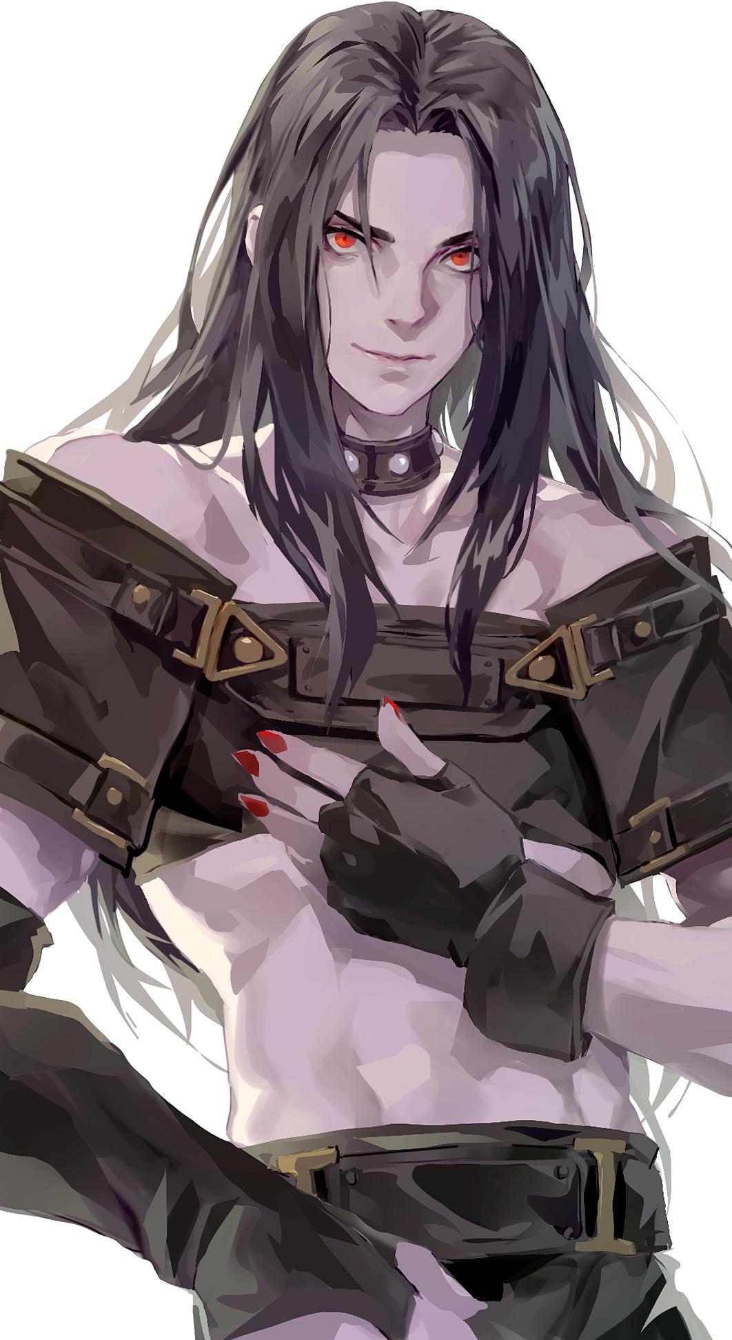 1boy black_hair choker fingerless_gloves gloves guilty_gear highres long_hair looking_at_viewer midriff nail_polish pale_skin red_eyes smile testament_(guilty_gear) uncle_rabbit_ii