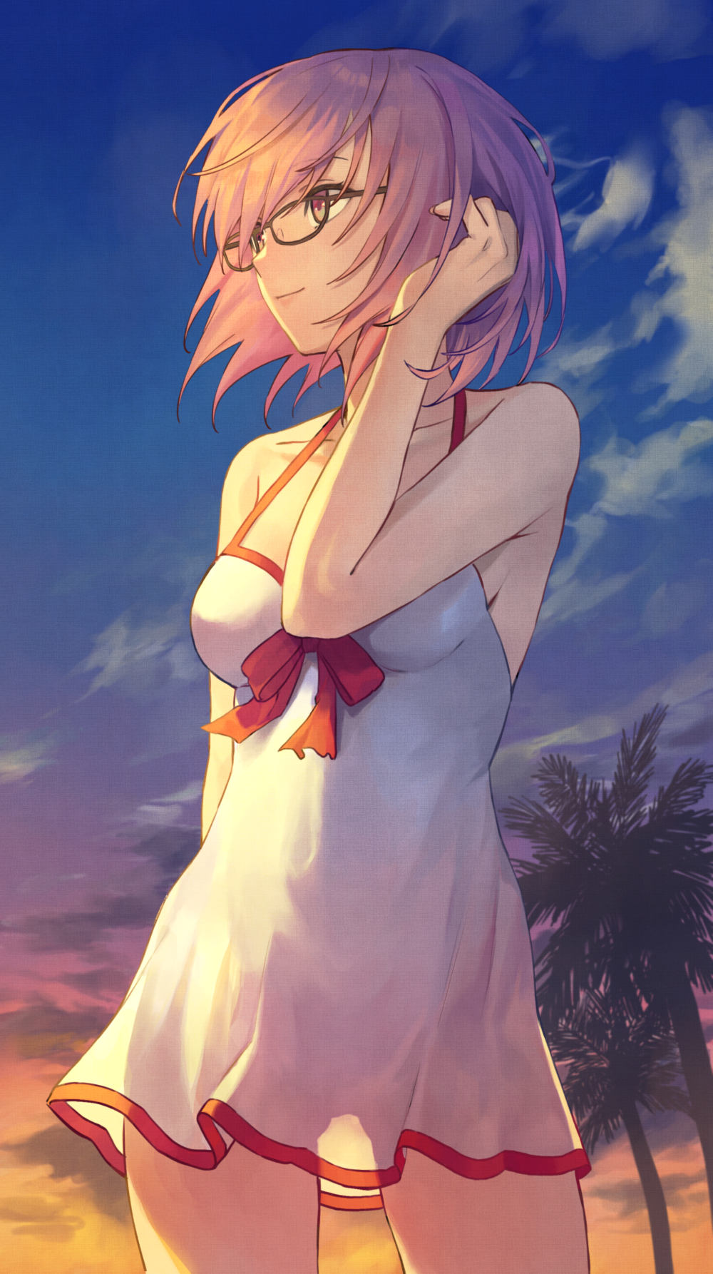 1girl 7aehyun bangs bare_shoulders beach blue_sky breasts collarbone dress_swimsuit fate/grand_order fate_(series) glasses gradient_sky hair_over_one_eye hand_in_hair highres large_breasts lavender_hair mash_kyrielight orange_sky palm_tree short_hair sky smile sunset swimsuit swimsuit_of_perpetual_summer tree twilight violet_eyes white_swimsuit