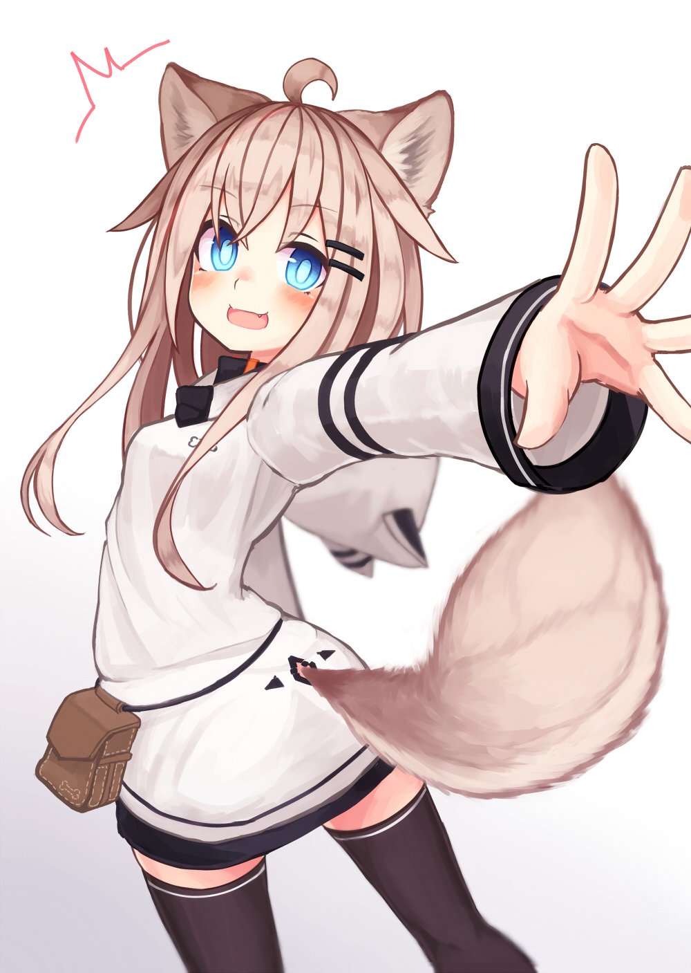 1girl animal_ear_fluff animal_ears between_legs black_legwear blue_eyes commentary_request fang hair_ornament hairclip highres hood hood_down hoodie light_brown_hair long_hair long_sleeves looking_at_viewer looking_back naked_hoodie open_mouth original pouch reitou_mikan tail tail_between_legs thigh-highs