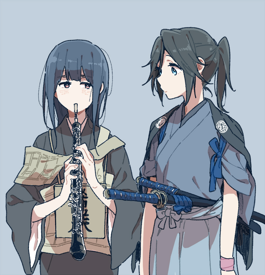 2girls alternate_costume bangs blue_background blue_eyes blue_hair blue_ribbon blush bow brown_eyes clarinet closed_mouth commentary_request eyebrows_visible_through_hair grey_hair hair_between_eyes hibike!_euphonium holding holding_instrument instrument japanese_clothes kasaki_nozomi katana kimono liz_to_aoi_tori long_hair long_sleeves looking_at_another multiple_girls ponytail ree_(re-19) ribbon short_sleeves sidelocks simple_background smile standing sword upper_body weapon wide_sleeves wristband yoroizuka_mizore