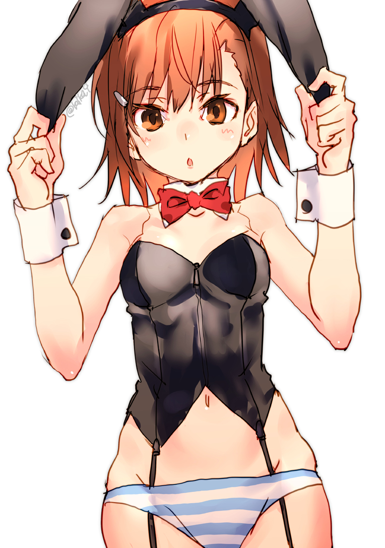 1girl :o animal_ears bangs bare_shoulders black_hairband black_leotard blush bow bowtie breasts brown_eyes brown_hair collar collarbone commentary_request detached_collar eyebrows_visible_through_hair fake_animal_ears garter_straps groin hairband hands_up holding_ears leotard misaka_imouto navel panties parted_lips rabbit_ears raika9 red_neckwear simple_background small_breasts solo striped striped_panties to_aru_kagaku_no_railgun to_aru_majutsu_no_index underwear white_background white_collar wrist_cuffs