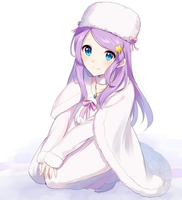 1girl anastasia_hoshin bangs blue_eyes cape closed_mouth collarbone dress floating_hair full_body fur-trimmed_cape fur-trimmed_sleeves fur_trim hair_ornament hat jewelry long_dress long_hair long_sleeves necklace nemu_mohu parted_bangs purple_hair re:zero_kara_hajimeru_isekai_seikatsu shiny shiny_hair simple_background smile solo squatting star_(symbol) star_hair_ornament very_long_hair white_background white_cape white_dress white_headwear