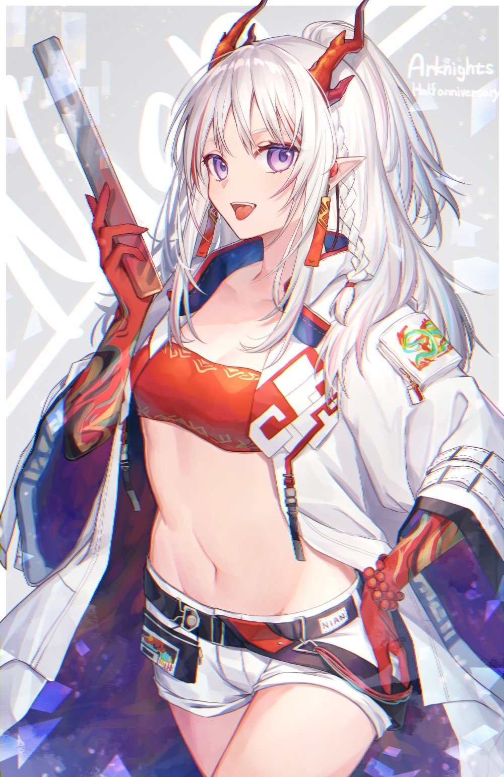 1girl :d arknights bandeau bangs braid commentary_request cowboy_shot grey_background half_updo hand_up highres holding horns jacket koyukomu long_hair long_sleeves looking_at_viewer midriff navel nian_(arknights) open_mouth pointy_ears short_shorts shorts silver_hair smile solo standing stomach strapless tongue tubetop violet_eyes white_jacket white_shorts wide_sleeves