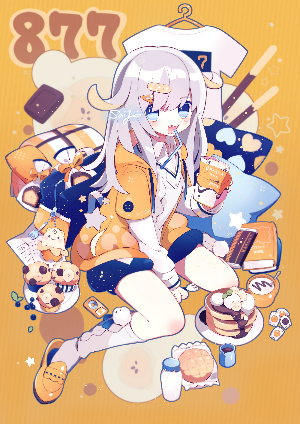 1girl artist_name bag banana_slice bandaid bandaid_on_head blue_eyes book bottle buttons candy chocolate chocolate_bar chocolate_syrup clothes_hanger coffee drawstring drinking_straw drinking_straw_in_mouth food fork hair_flaps hair_ornament hairclip handbag heart heart_print highres keychain long_hair milk_bottle milk_carton muffin open_mouth original pancake pillow plate pocky saijo1201 sharp_teeth shirt shorts sitting solo star_(symbol) teeth vest wariza white_hair white_vest wing_collar yellow_footwear yellow_hoodie