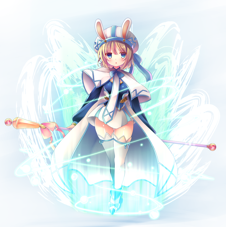 1girl :o animal_ears animal_hat armored_boots blue_bow boots bow breastplate breasts bunny_hat cape fake_animal_ears hat holding holding_staff long_sleeves parted_lips paula_(sennen_sensou_aigis) puffy_long_sleeves puffy_sleeves rabbit_ears reiji_0_g sennen_sensou_aigis skirt sleeves_past_wrists small_breasts solo staff standing thigh-highs white_cape white_headwear white_legwear white_skirt