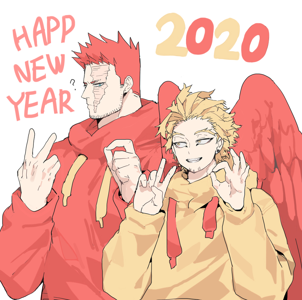 2020 2boys ? beard blonde_hair blue_eyes boku_no_hero_academia deavor_lover facial_hair feathered_wings feathers happy_new_year hawks_(boku_no_hero_academia) hood hoodie looking_at_another male_focus manly multiple_boys mustache new_year redhead scar spiky_hair todoroki_enji upper_body wings