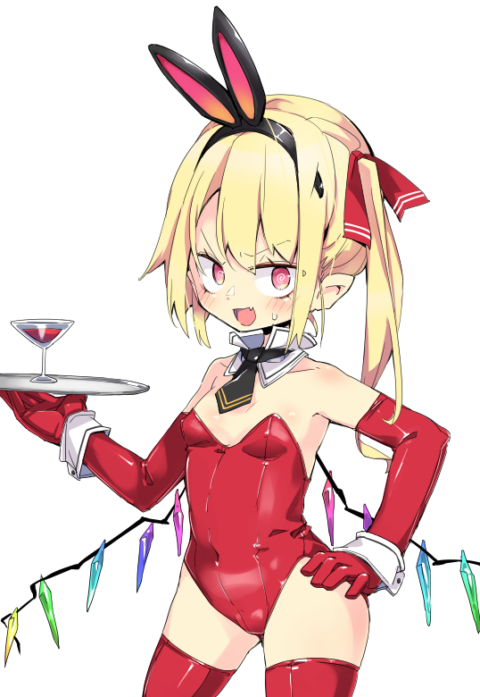 1girl @_@ animal_ears black_neckwear blush breasts cocktail_glass covered_navel cowboy_shot cup detached_collar drinking_glass elbow_gloves fake_animal_ears fang flandre_scarlet gloves hair_ribbon hairband hand_on_hip holding holding_tray leotard looking_at_viewer necktie noya_makoto one_side_up open_mouth pointy_ears rabbit_ears red_gloves red_legwear red_leotard ribbon short_necktie simple_background skin_fang small_breasts solo strapless strapless_leotard sweatdrop thigh-highs touhou tray white_background wings wrist_cuffs