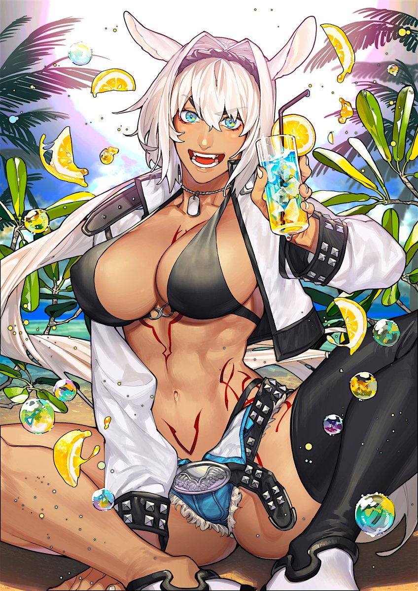 1girl animal_ears belt bikini bikini_top blue_eyes breasts caenis_(fate) cup dark_skin denim denim_shorts dog_tags drinking_glass drinking_straw fate/grand_order fate_(series) food fruit hairband large_breasts lemon lemon_slice micro_shorts navel shorts single_thighhigh sitting sokuse_kienta studded_belt sun swimsuit tattoo thigh-highs toned white_hair