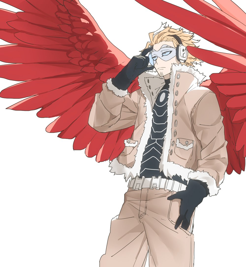 1boy beard blonde_hair boku_no_hero_academia coat deavor_lover facial_hair feathered_wings feathers gloves hawks_(boku_no_hero_academia) male_focus red_wings solo upper_body white_background wings yellow_eyes