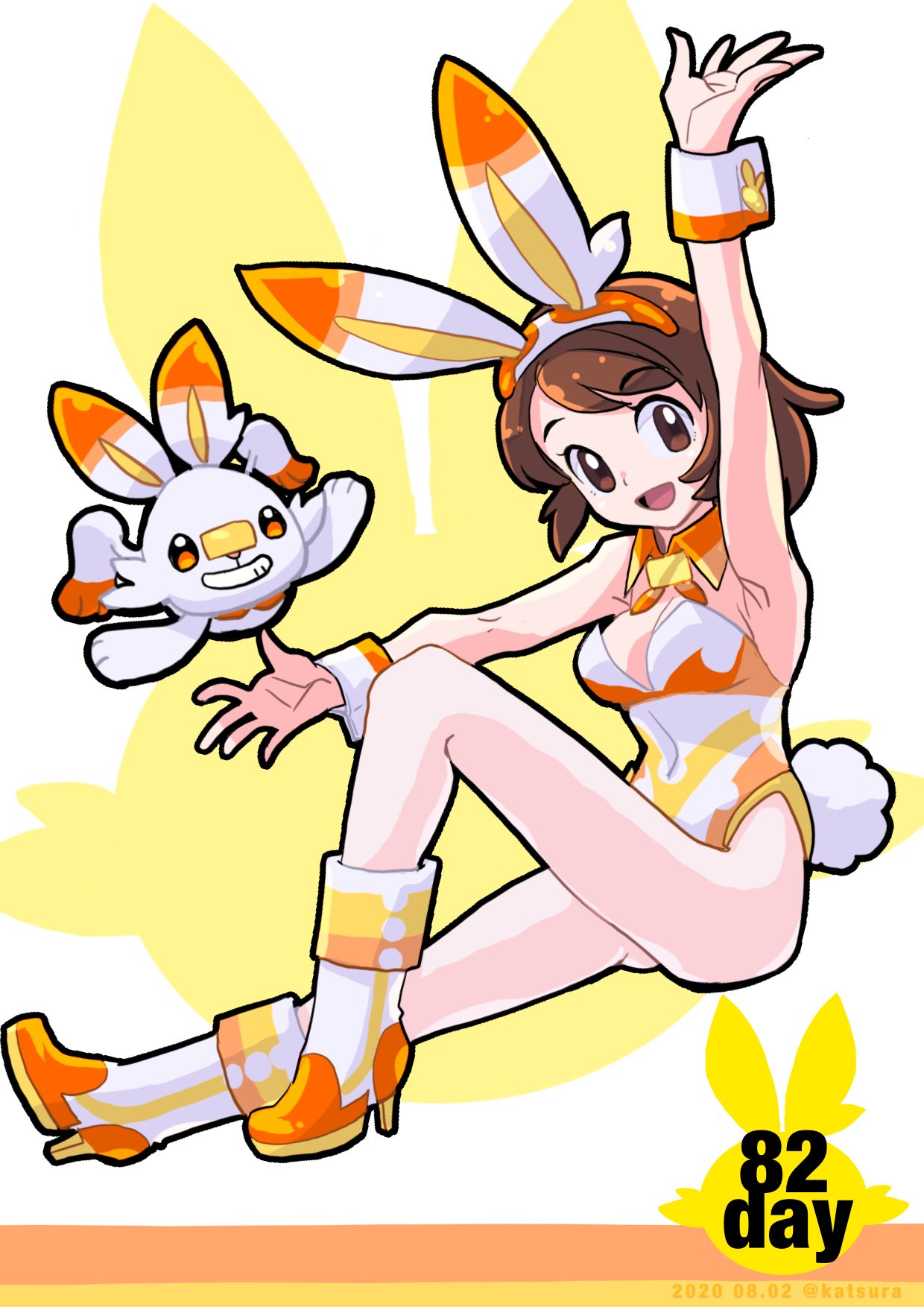 1girl :d animal_ears arm_up bangs boots brown_eyes brown_hair bunny_day bunny_girl bunny_tail bunnysuit commentary_request detached_collar eyebrows_visible_through_hair gen_8_pokemon hairband high_heel_boots high_heels highres leotard looking_at_viewer millipen_(medium) nanamako open_mouth pokemon pokemon_(creature) pokemon_(game) pokemon_swsh rabbit_ears scorbunny smile tail tongue traditional_media wrist_cuffs yuuri_(pokemon)