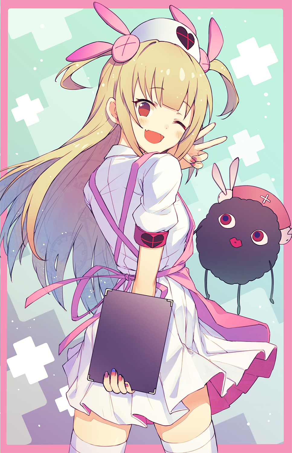 1girl :d apron blonde_hair border closed_mouth cowboy_shot dress fang fingernails from_behind hand_up hat heart highres holding kotoribako long_hair looking_at_viewer looking_back nail_polish natori_sana nurse_cap one_eye_closed open_mouth pink_apron pink_border red_eyes red_nails saana-kun sana_channel short_dress skin_fang smile solo standing thigh-highs two_side_up v white_dress white_legwear