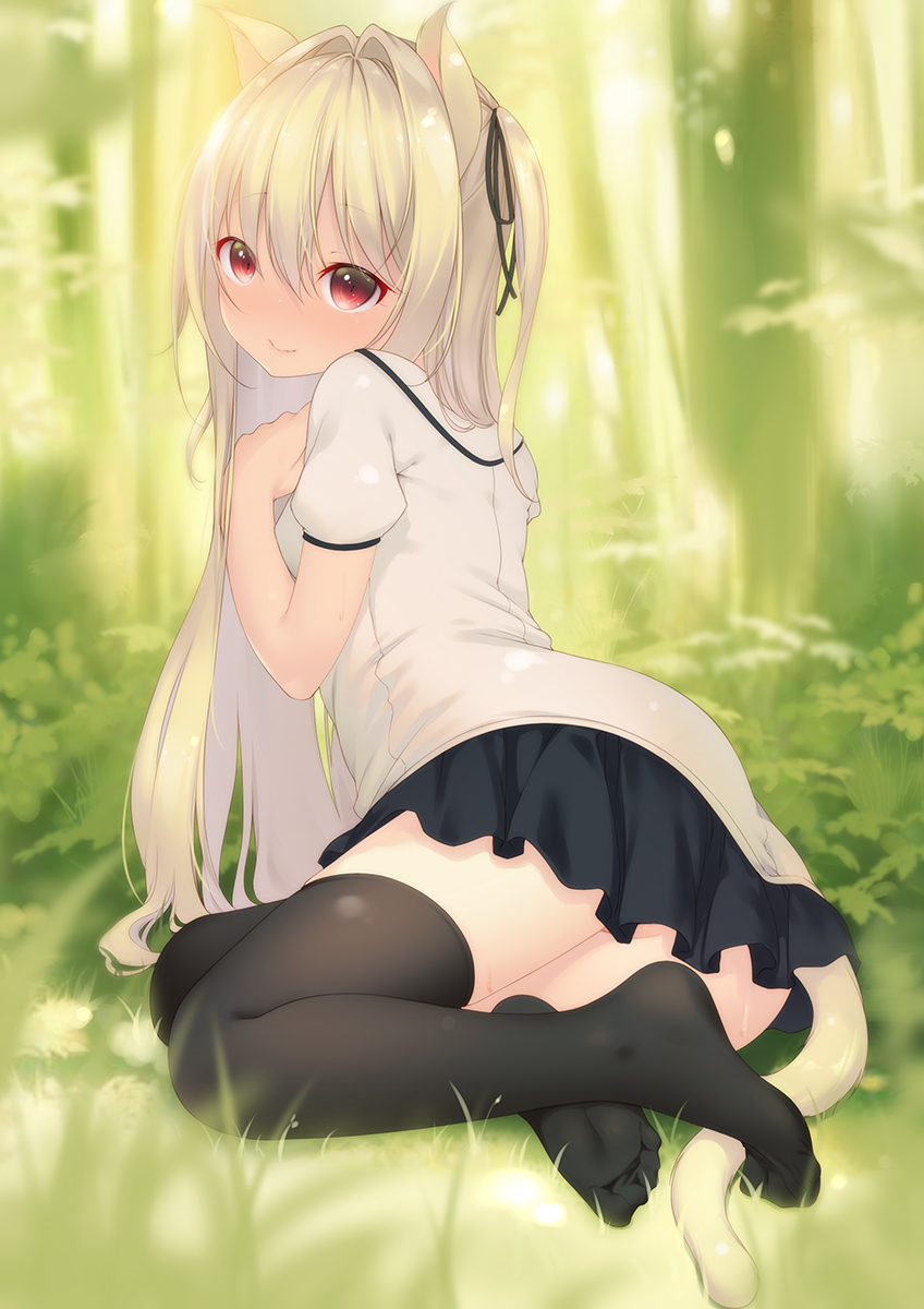 1girl animal_ears bangs blurry blurry_background blush breasts eyebrows_visible_through_hair feet forest hair_between_eyes highres long_hair looking_at_viewer nature no_shoes original outdoors pleated_skirt red_eyes shirt shokuyou_mogura short_sleeves sitting skirt small_breasts smile solo tail two_side_up white_hair white_shirt