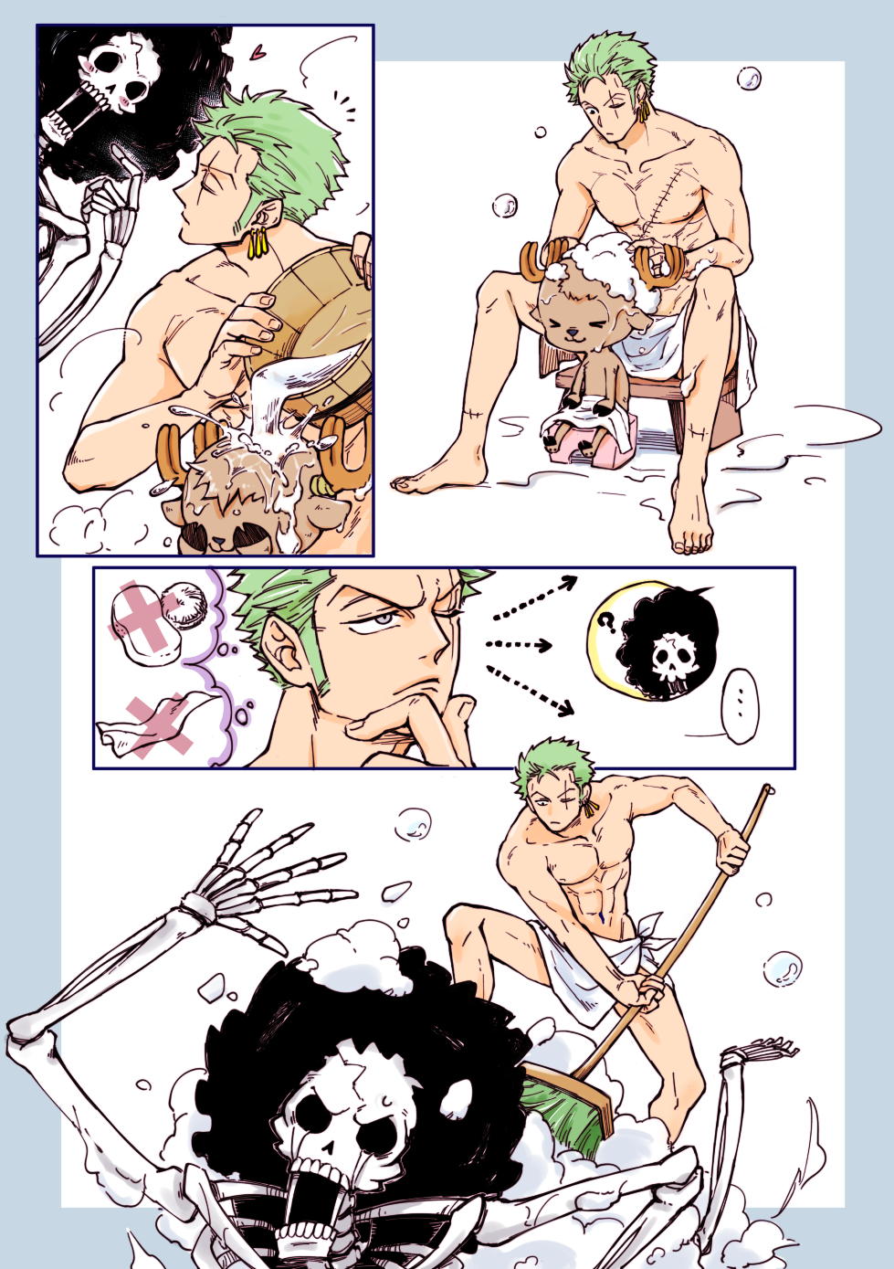 3boys ? abs afro antlers bathing black_hair brook chest creature earrings full_body green_hair highres jewelry male_focus multiple_boys muscle niwatori_bosori one_piece pectorals reindeer roronoa_zoro scar skeleton smile thinking tony_tony_chopper underwear underwear_only