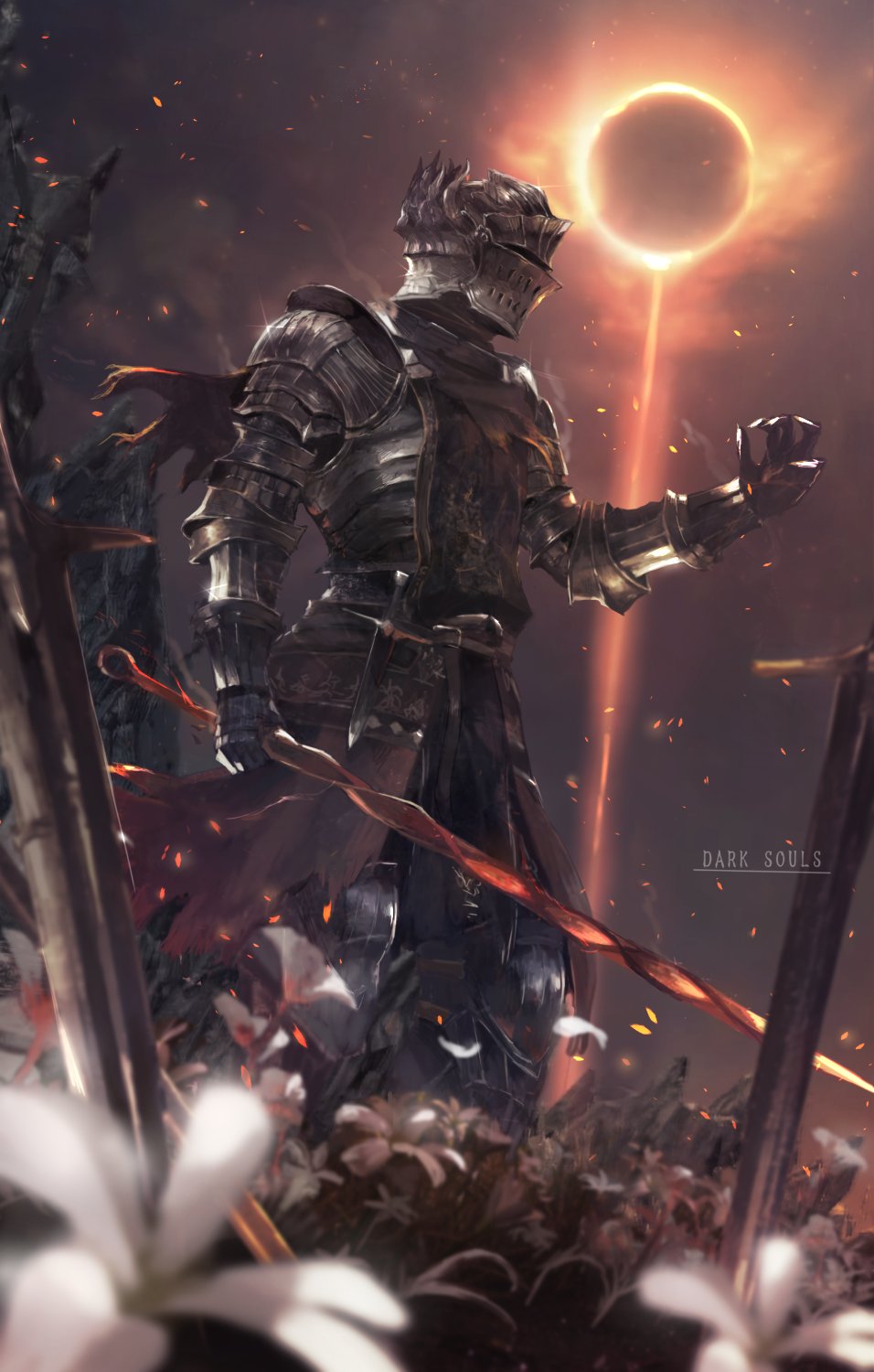 1other ambiguous_gender armor belt black_pants blurry_foreground clenched_hand copyright_name dagger dark dark_souls_iii eclipse embers english_commentary field flaming_sword flaming_weapon flower flower_field full_armor full_body gauntlets greaves helmet highres holding holding_sword holding_weapon holstered_weapon leg_armor looking_away mono_(jdaj) moon outstretched_arm pants pauldrons planted_sword planted_weapon shoulder_armor solo soul_of_cinder souls_(from_software) sun surcoat sword vambraces weapon