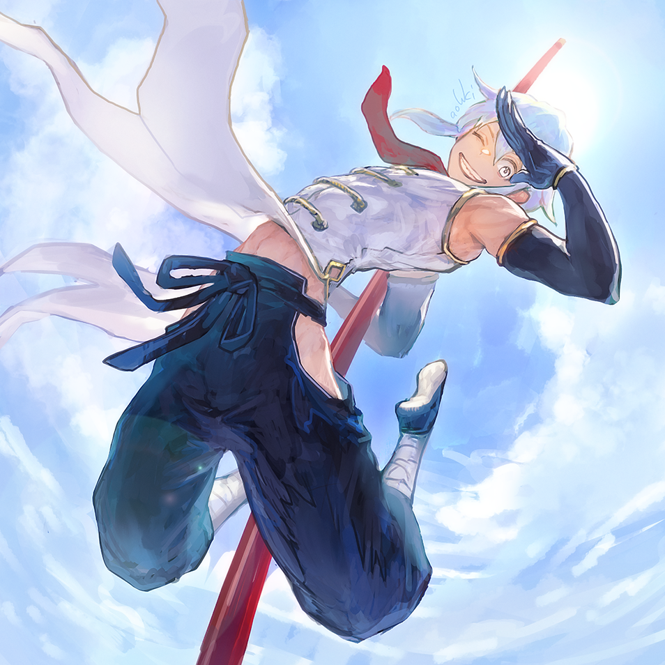 1boy ;d black_gloves black_pants day elbow_gloves gloves jumping male_focus midair necktie one_eye_closed open_mouth outdoors pants red_neckwear salute shen_(undead_unluck) side_slit sidelocks silver_hair smile undead_unluck waterstaring