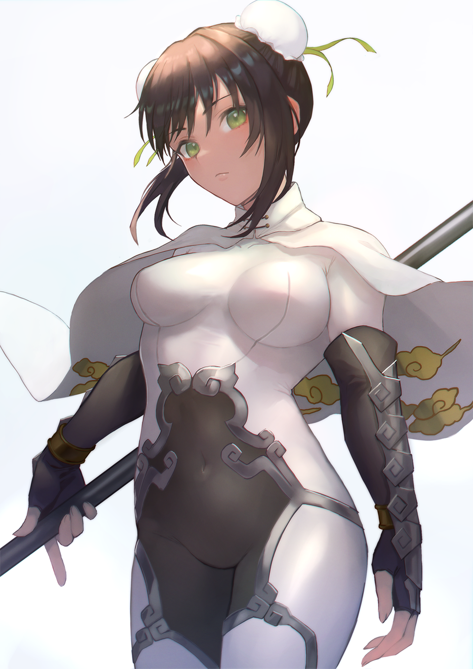 1girl arm_guards bangs black_gloves black_hair blush bodysuit breasts bun_cover cape closed_mouth cloud_print covered_navel double_bun elbow_gloves fate/grand_order fate_(series) fingerless_gloves gloves green_eyes green_ribbon highres looking_at_viewer medium_breasts otsukemono polearm qin_liangyu_(fate) ribbon sidelocks simple_background spear thighs weapon white_bodysuit white_cape