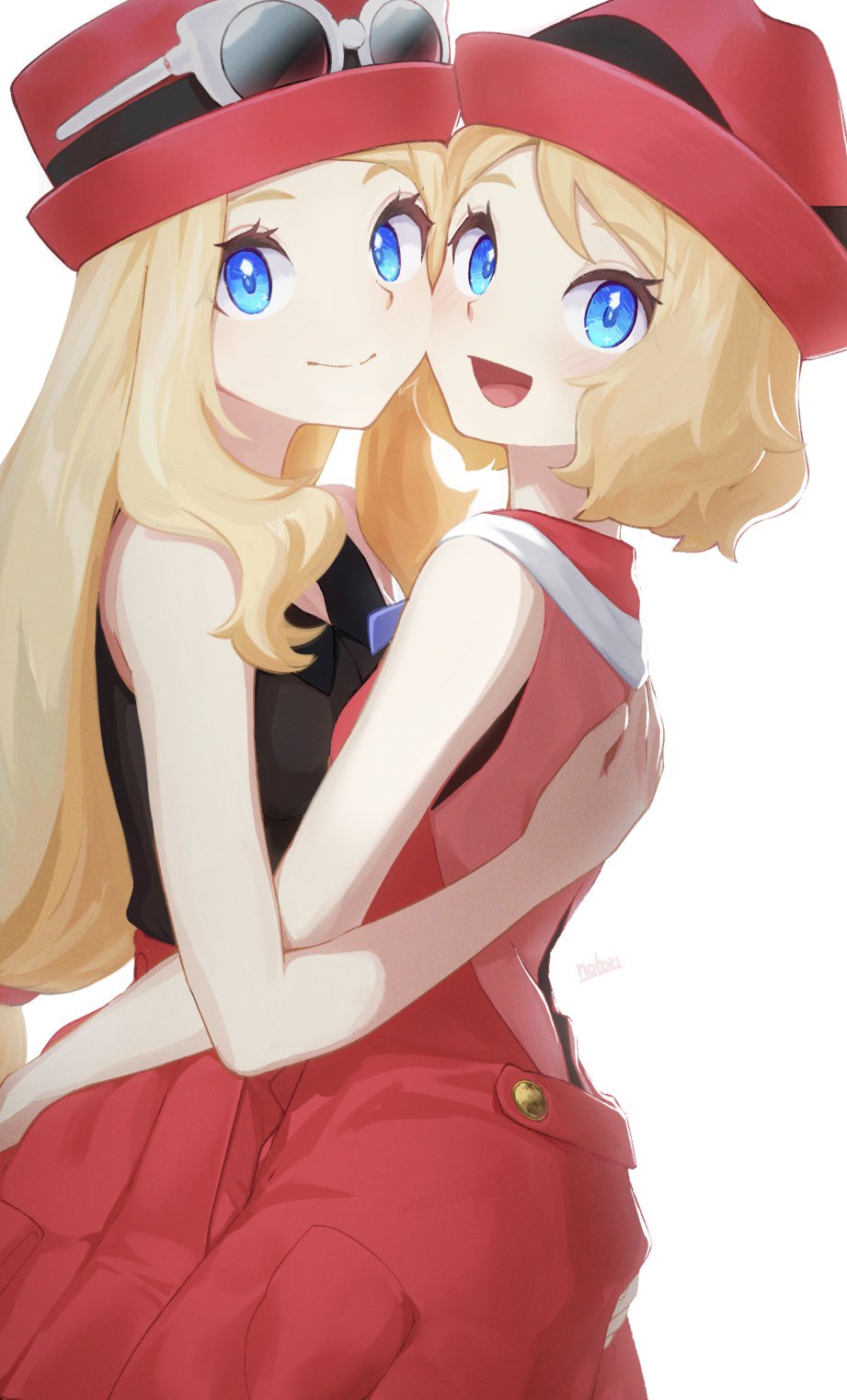 2girls :d bangs blonde_hair blue_eyes closed_mouth commentary_request creatures_(company) cute dual_persona eyelashes eyewear_on_headwear fedora game_freak hat highres hug looking_at_viewer multiple_girls multiple_persona nintendo notori_d olm_digital open_mouth pleated_skirt pokemon pokemon_(anime) pokemon_(game) pokemon_xy pokemon_xy_(anime) porkpie_hat red_headwear red_skirt ribbon serena_(pokemon) simple_background skirt sleeveless smile sunglasses the_pokemon_company tongue white_background yuri