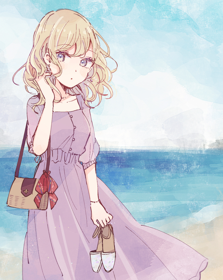 1girl bag blonde_hair dress holding holding_shoes maribel_hearn mozukuzu_(manukedori) ocean outdoors purple_dress sandals_removed shoes shoes_removed touhou violet_eyes water