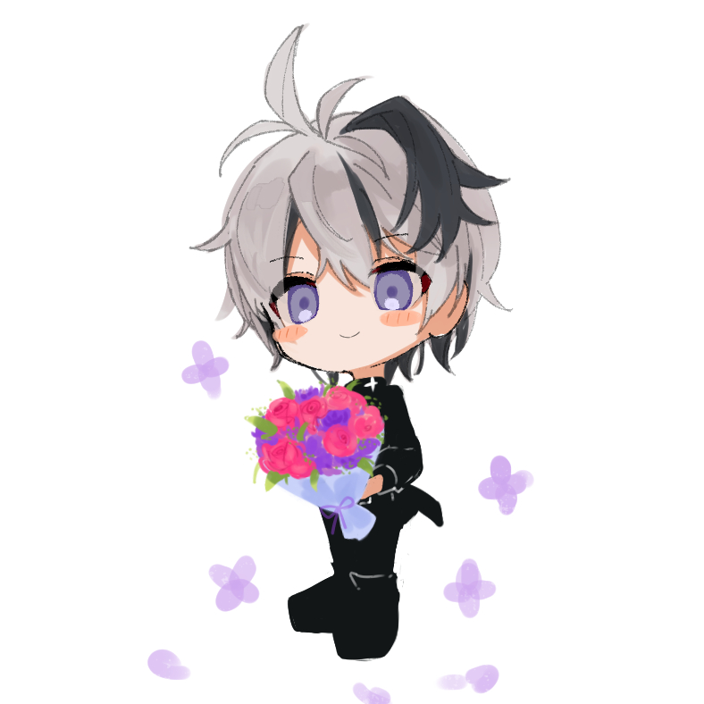 1girl androgynous black_footwear black_pants black_shirt black_suit blush_stickers bouquet chibi commentary flower flower_(vocaloid) formal holding holding_bouquet looking_at_viewer multicolored_hair note55885 pants purple_flower purple_hair red_flower shirt smile solo sparkle streaked_hair suit tulip v_flower_(vocaloid4) violet_eyes vocaloid white_background white_hair