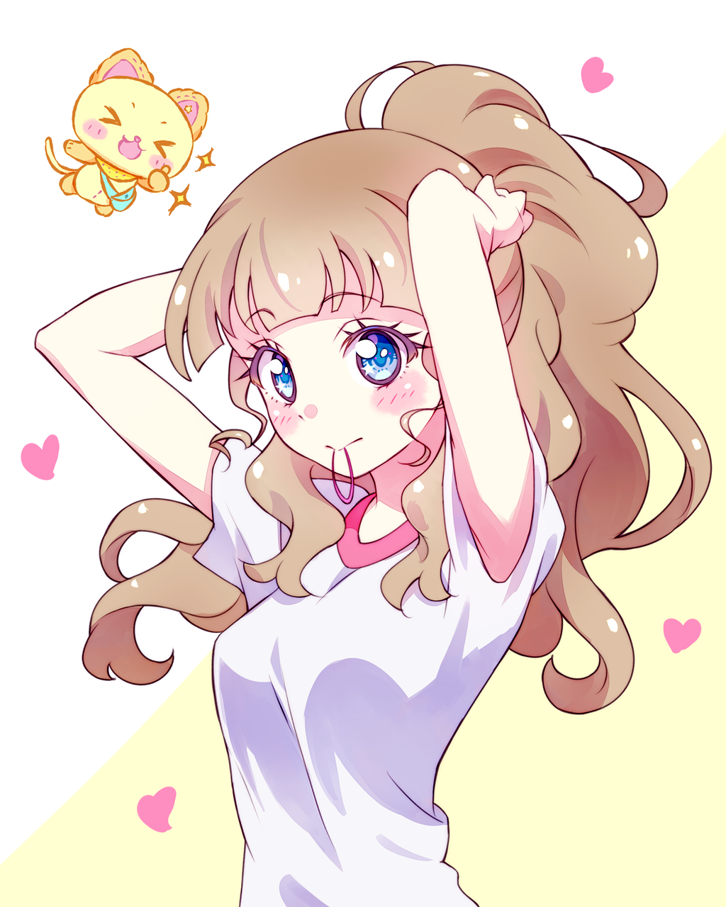 1girl arms_up blue_eyes blush breasts brown_hair closed_mouth hair_tie_in_mouth hands_in_hair heart highres kyoutsuugengo long_hair looking_at_viewer medium_breasts mewkledreamy mouth_hold peko_(mewkledreamy) ponytail shirt short_sleeves solo stuffed_animal stuffed_cat stuffed_toy thumbs_up tsukishima_maira upper_body white_shirt