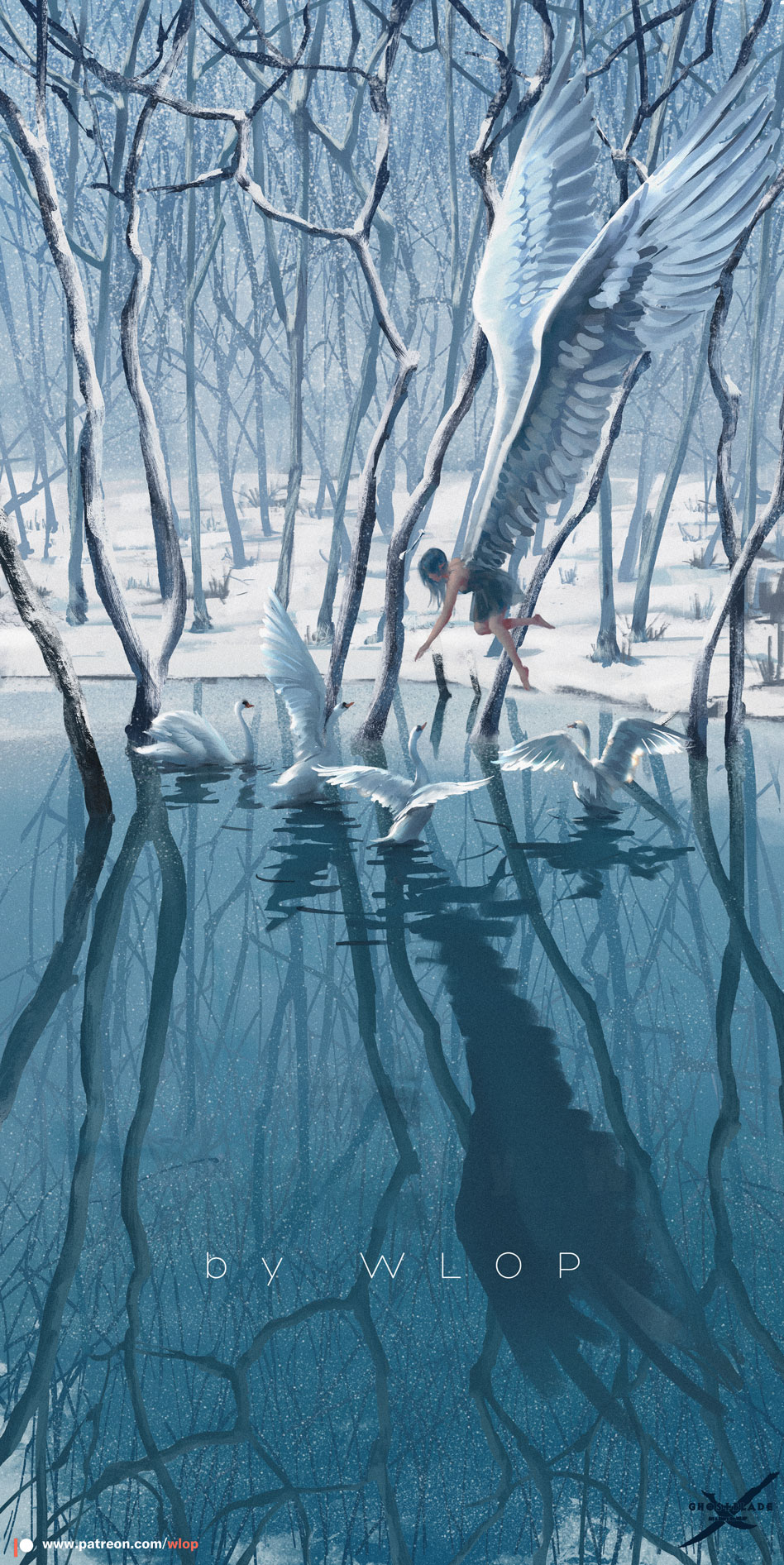1girl angel_wings artist_name barefoot bird dress feathered_wings floating forest ghostblade grey_hair highres long_hair nature outdoors patreon_username reflection scenery snow solo swan tree water watermark web_address white_wings wings wlop