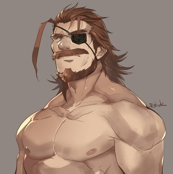 1boy bara beard brown_eyes brown_hair chest eugen_(granblue_fantasy) eyepatch facial_hair granblue_fantasy granblue_fantasy_(style) looking_at_viewer male_focus manly muscle mustache old_man pectorals rybiokaoru shirtless solo upper_body