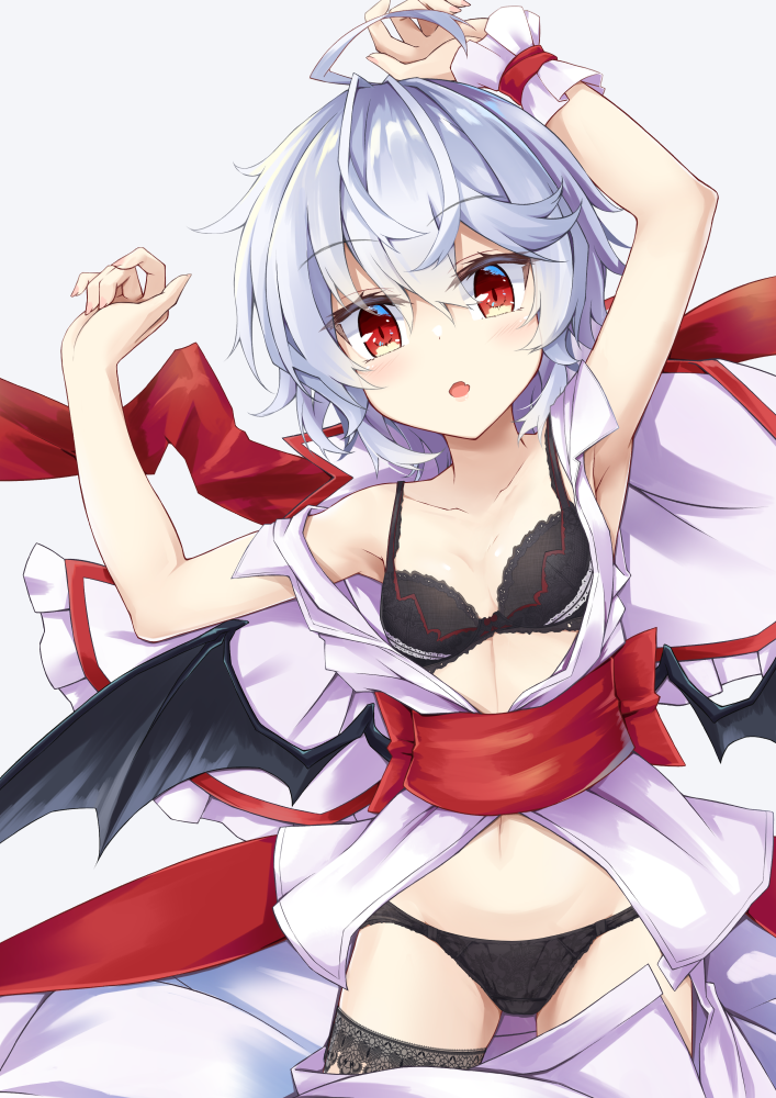 1girl :o ahoge akisome_hatsuka armpits arms_up bat_wings black_bra black_legwear black_panties blue_hair bra breasts commentary_request cowboy_shot eyebrows_visible_through_hair grey_background hair_between_eyes head_tilt lace lace-trimmed_legwear light_blush looking_at_viewer lying no_headwear on_back on_bed open_clothes open_shirt panties parted_lips pink_shirt pink_skirt red_eyes remilia_scarlet sash shirt short_hair short_sleeves simple_background skirt skirt_removed slit_pupils small_breasts solo thigh-highs touhou underwear wings wrist_cuffs